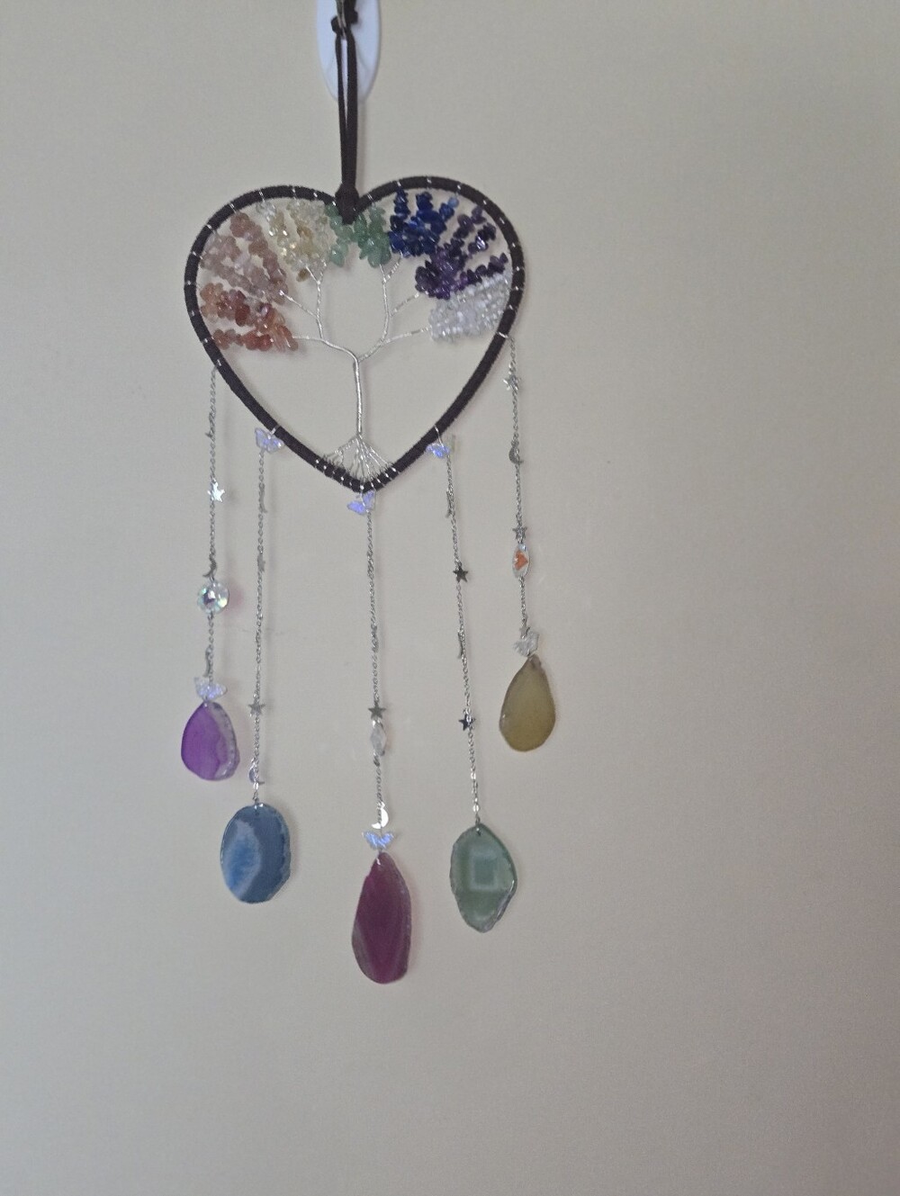 Handmade Gemstone Tree of Life Heart Suncatcher — Rainbow Crystal Hanging Decor